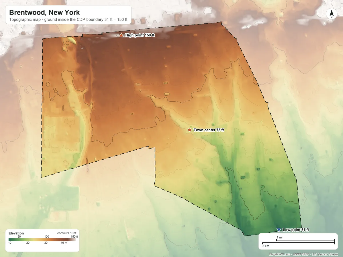 Topographic elevation map of Brentwood, New York, shaded from 31 ft on the southeast side to 150 ft on the northwest side