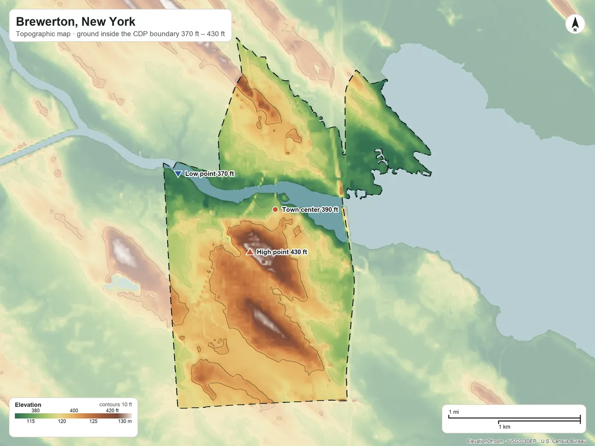 Topographic elevation map of Brewerton, New York, shaded from 370 ft on the west side to 430 ft on the southwest side