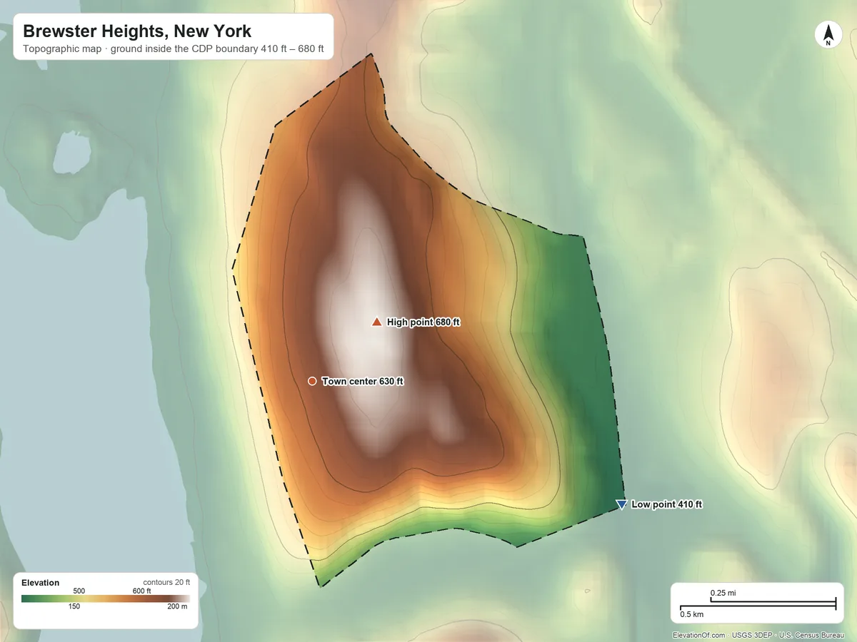 Topographic elevation map of Brewster Heights, New York, shaded from 410 ft on the east side to 680 ft on the northeast side