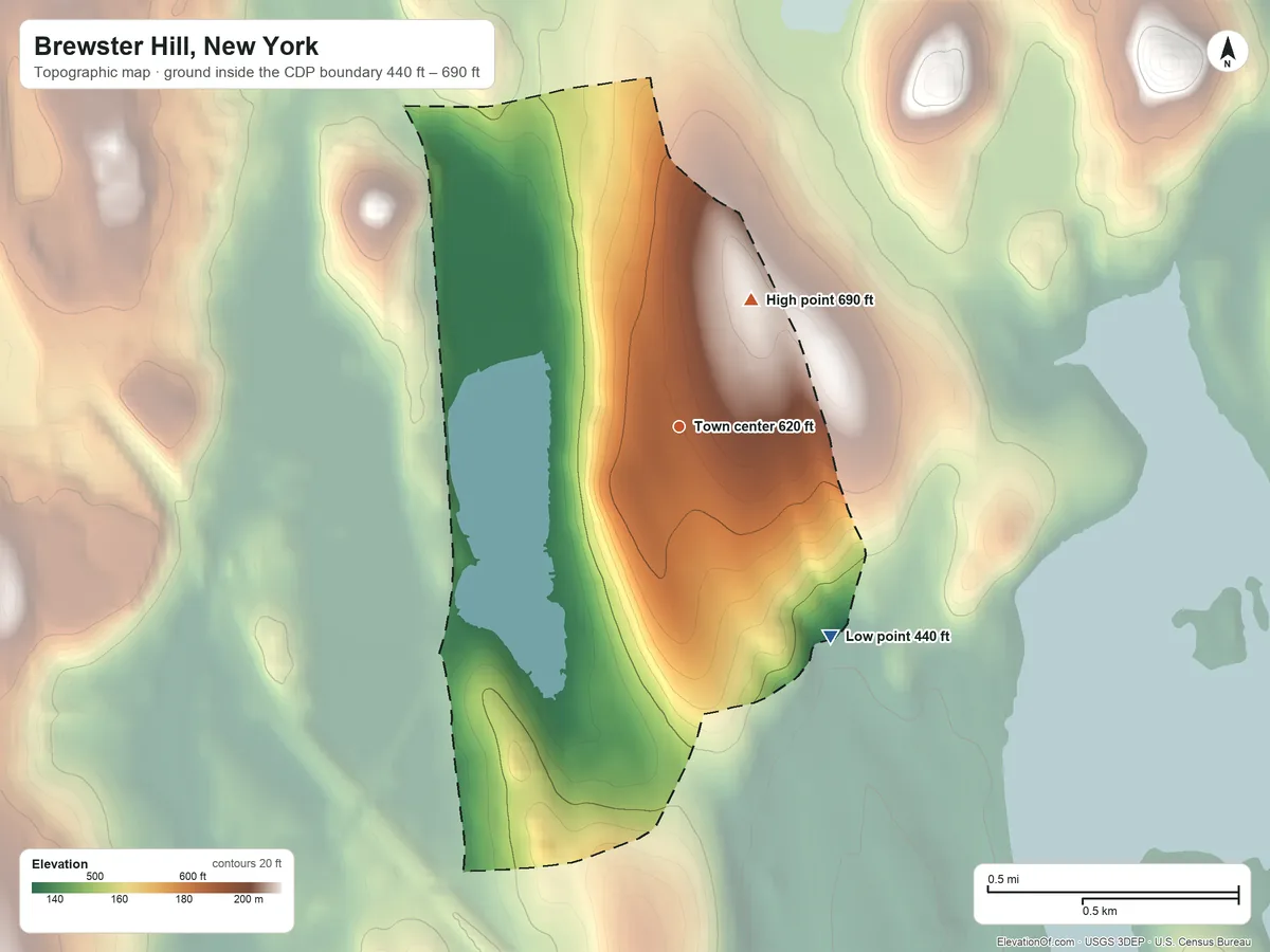 Topographic elevation map of Brewster Hill, New York, shaded from 440 ft on the southeast side to 690 ft on the northeast side