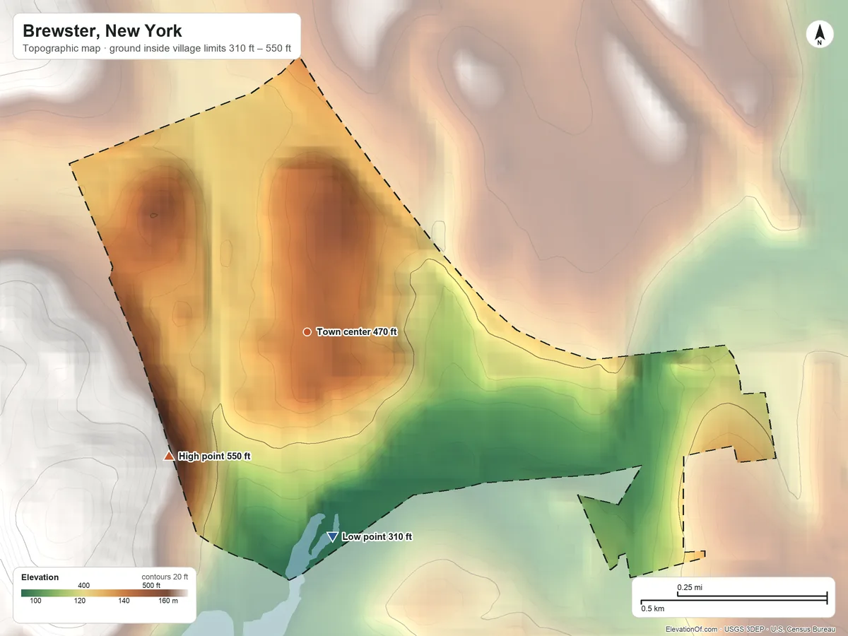 Topographic elevation map of Brewster, New York, shaded from 310 ft on the south side to 550 ft on the southwest side