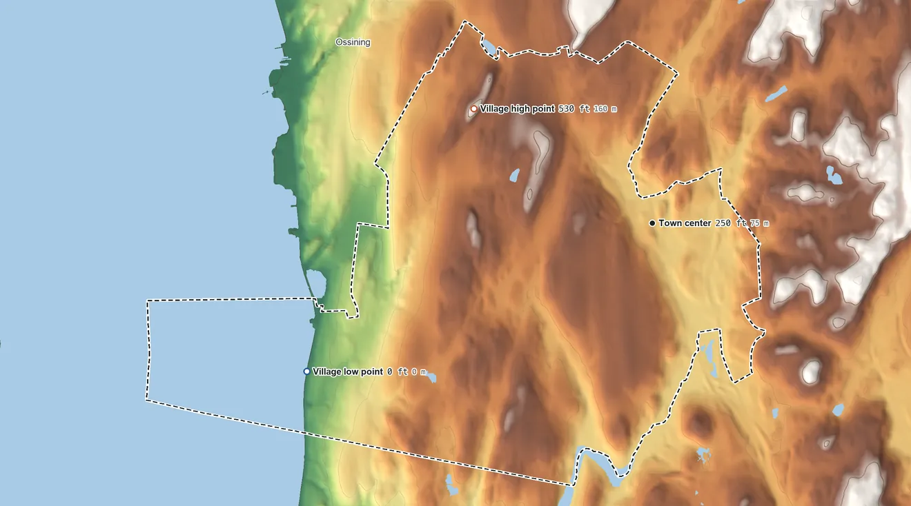 Topographic elevation map of Briarcliff Manor, New York, shaded from sea level level on Kemeys Cove to 530 ft on the northwest side