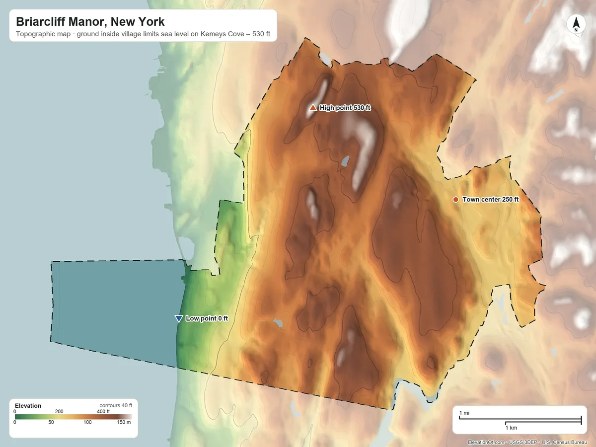 Topographic elevation map of Briarcliff Manor, New York, shaded from sea level level on Kemeys Cove to 530 ft on the northwest side