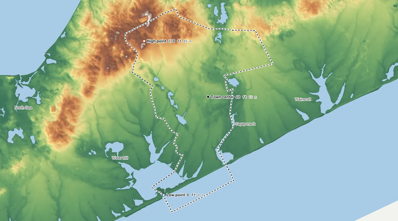 Topographic elevation map of Bridgehampton, New York, shaded from sea level level on the Atlantic Ocean to 270 ft on the northwest side