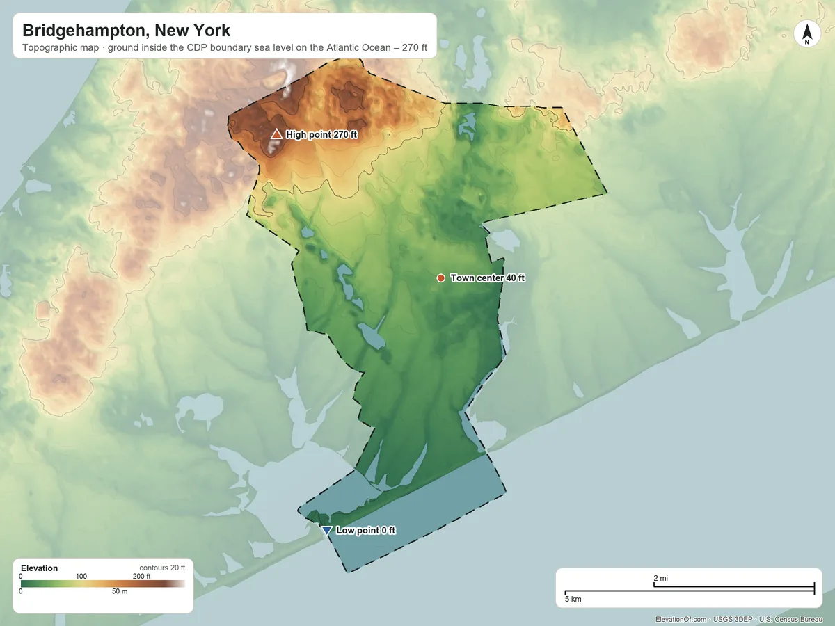 Topographic elevation map of Bridgehampton, New York, shaded from sea level level on the Atlantic Ocean to 270 ft on the northwest side