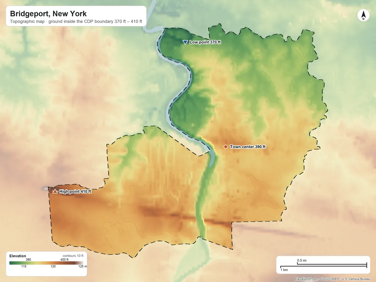 Topographic elevation map of Bridgeport, New York, shaded from 370 ft on the north side to 410 ft on the west side