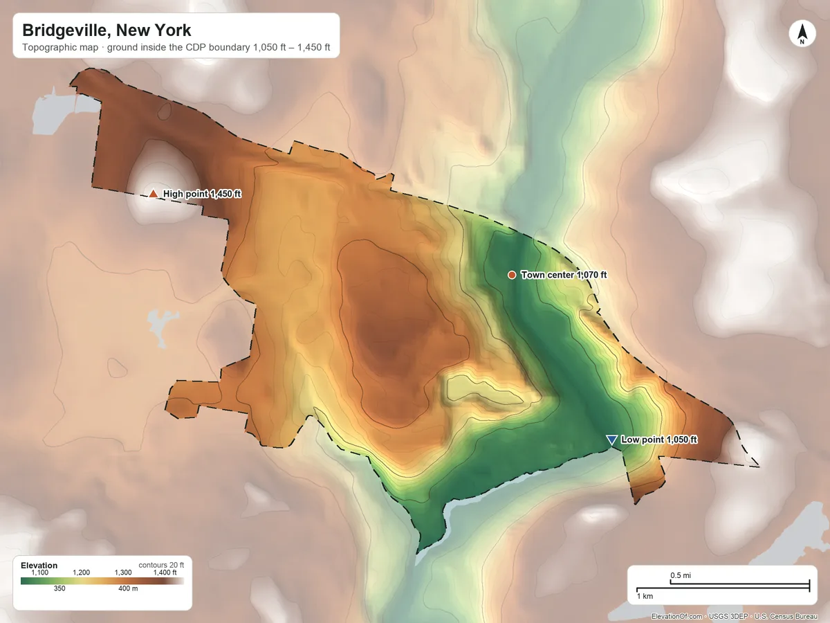 Topographic elevation map of Bridgeville, New York, shaded from 1,050 ft on the southeast side to 1,450 ft on the west side