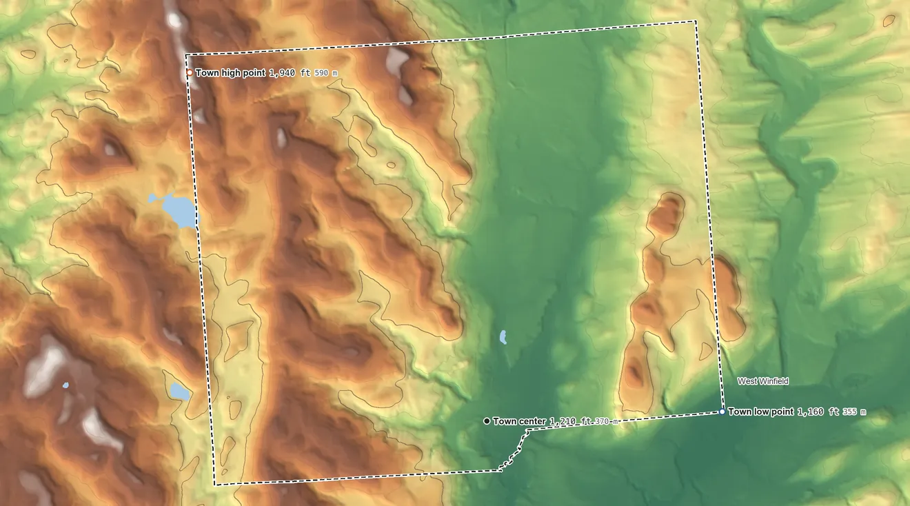 Topographic elevation map of Bridgewater, New York, shaded from 1,160 ft on the east side to 1,940 ft on the northwest side