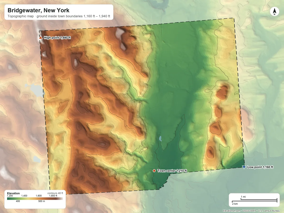 Topographic elevation map of Bridgewater, New York, shaded from 1,160 ft on the east side to 1,940 ft on the northwest side