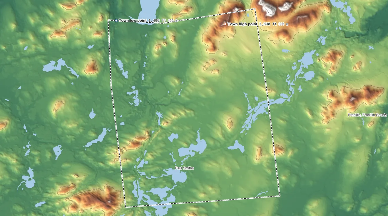 Topographic elevation map of Brighton, Franklin County, New York, shaded from 1,490 ft on the northwest side to 2,890 ft on the north side