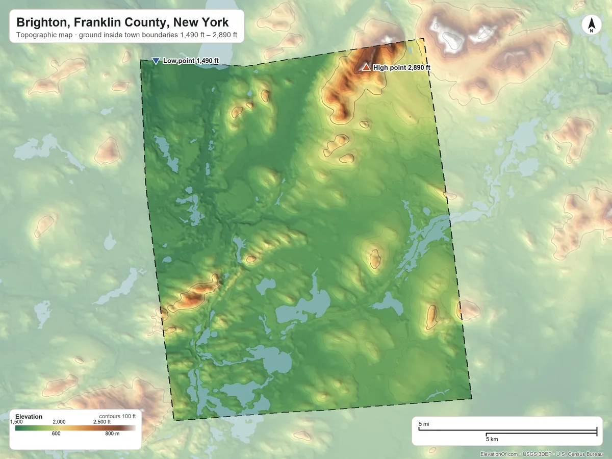 Topographic elevation map of Brighton, Franklin County, New York, shaded from 1,490 ft on the northwest side to 2,890 ft on the north side