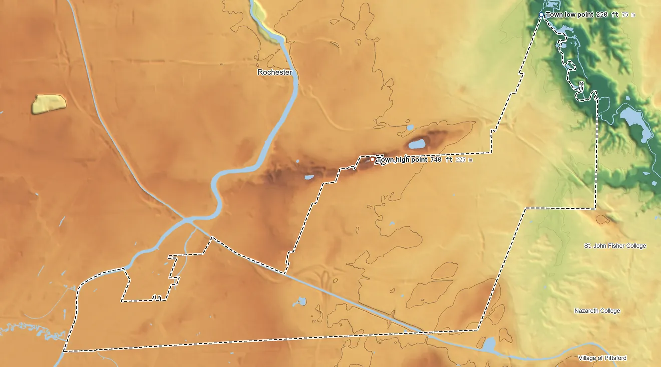 Topographic elevation map of Brighton, New York, shaded from 250 ft on the northeast side to 742 ft on Pinnacle Hill