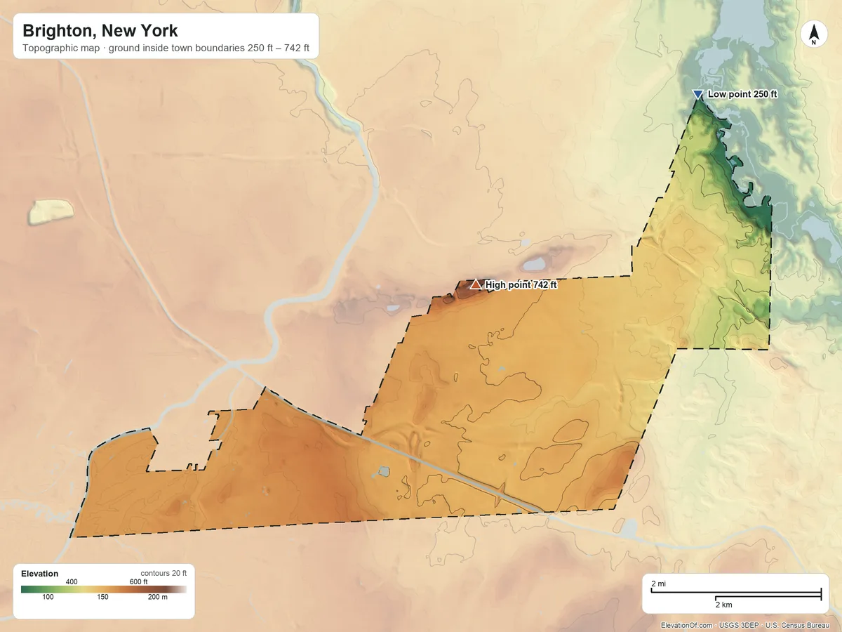 Topographic elevation map of Brighton, New York, shaded from 250 ft on the northeast side to 742 ft on Pinnacle Hill