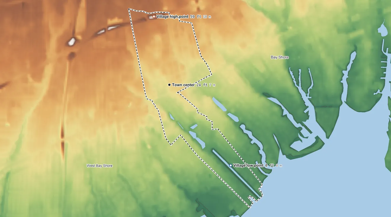 Topographic elevation map of Brightwaters, New York, shaded from sea level level on Great South Bay to 59 ft on the north side