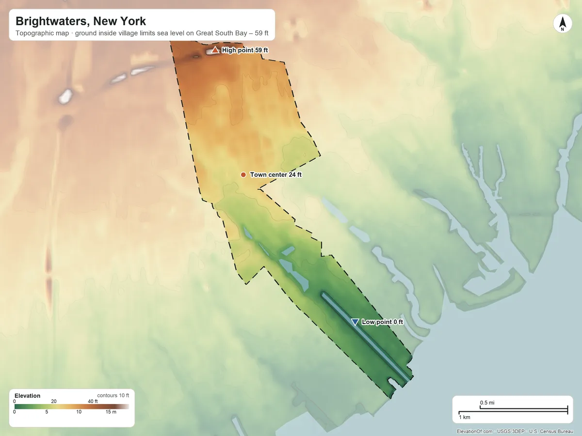 Topographic elevation map of Brightwaters, New York, shaded from sea level level on Great South Bay to 59 ft on the north side