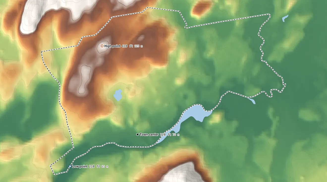 Topographic elevation map of Brinckerhoff, New York, shaded from 210 ft on the southwest side to 410 ft at the foot of the Marlboro Mountains