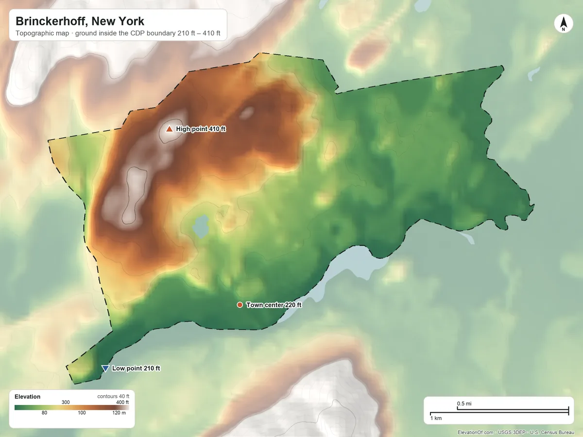 Topographic elevation map of Brinckerhoff, New York, shaded from 210 ft on the southwest side to 410 ft at the foot of the Marlboro Mountains