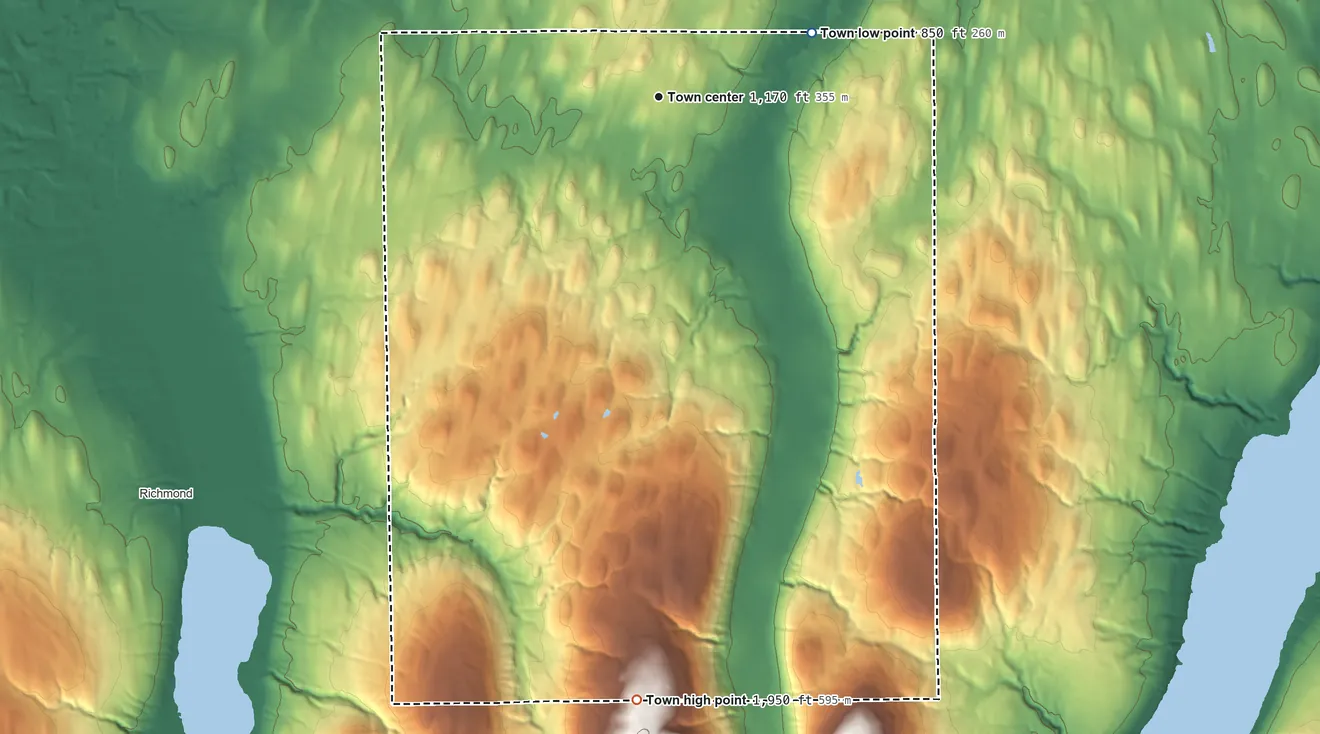 Topographic elevation map of Bristol, New York, shaded from 850 ft on the northeast side to 1,950 ft on the south side