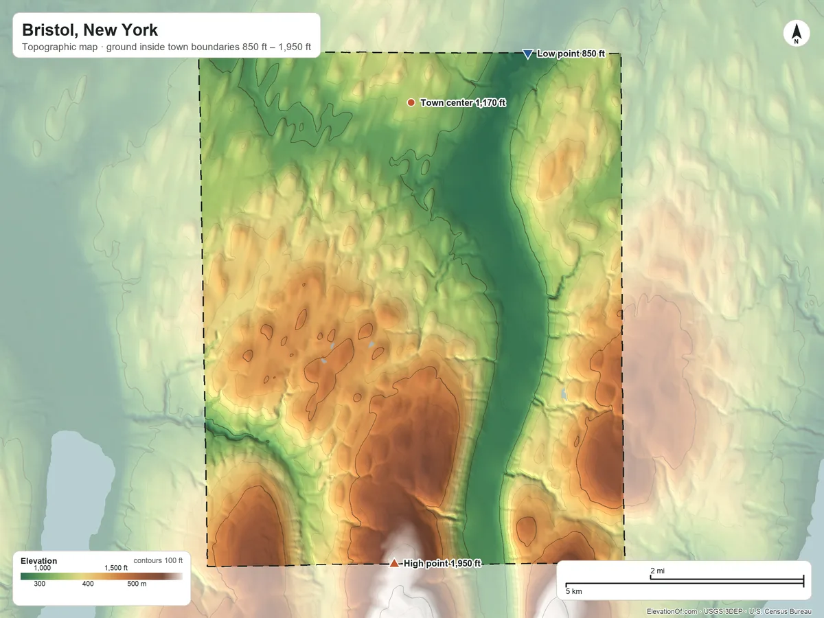 Topographic elevation map of Bristol, New York, shaded from 850 ft on the northeast side to 1,950 ft on the south side