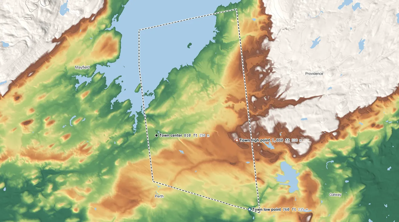 Topographic elevation map of Broadalbin, New York, shaded from 760 ft on the southeast side to 1,080 ft on the east side
