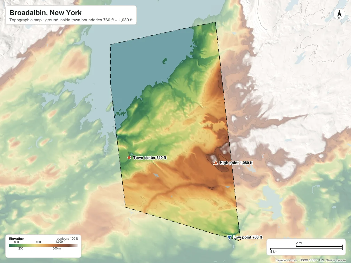 Topographic elevation map of Broadalbin, New York, shaded from 760 ft on the southeast side to 1,080 ft on the east side