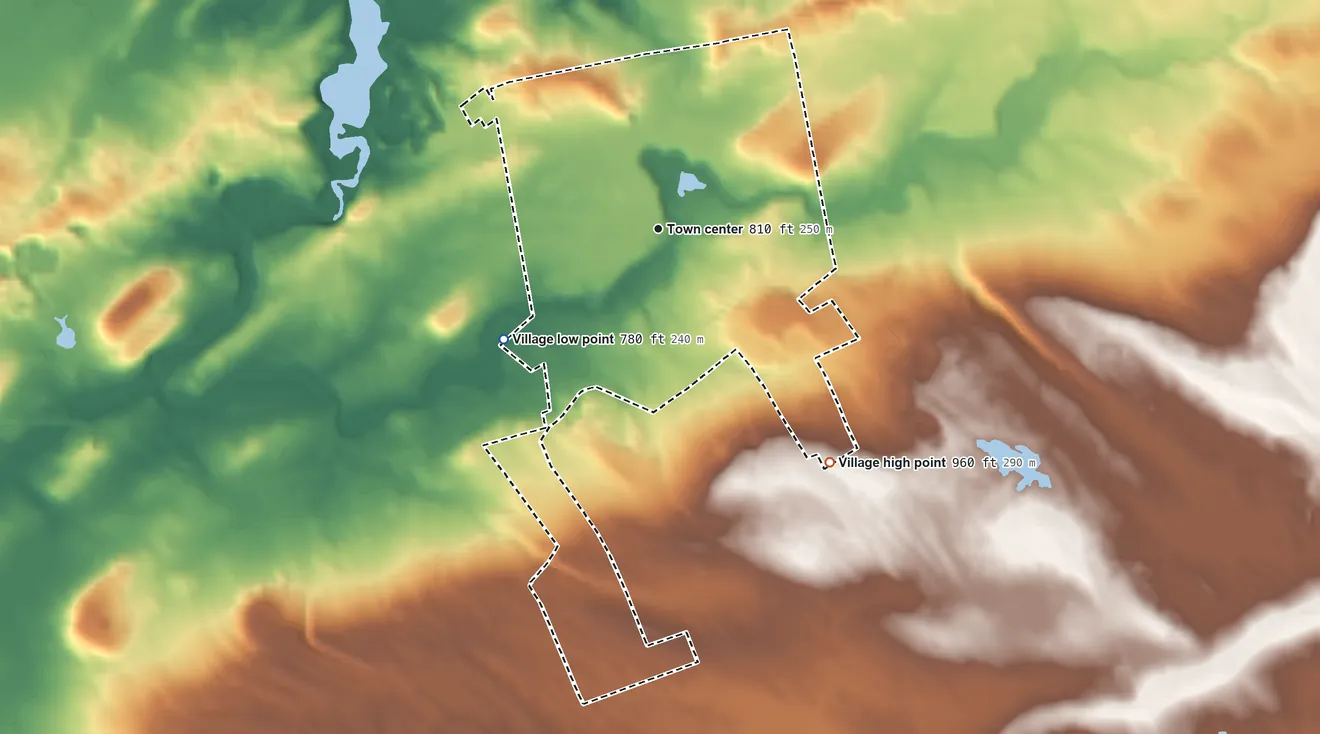 Topographic elevation map of Village of Broadalbin, New York, shaded from 780 ft on the southwest side to 960 ft on the southeast side