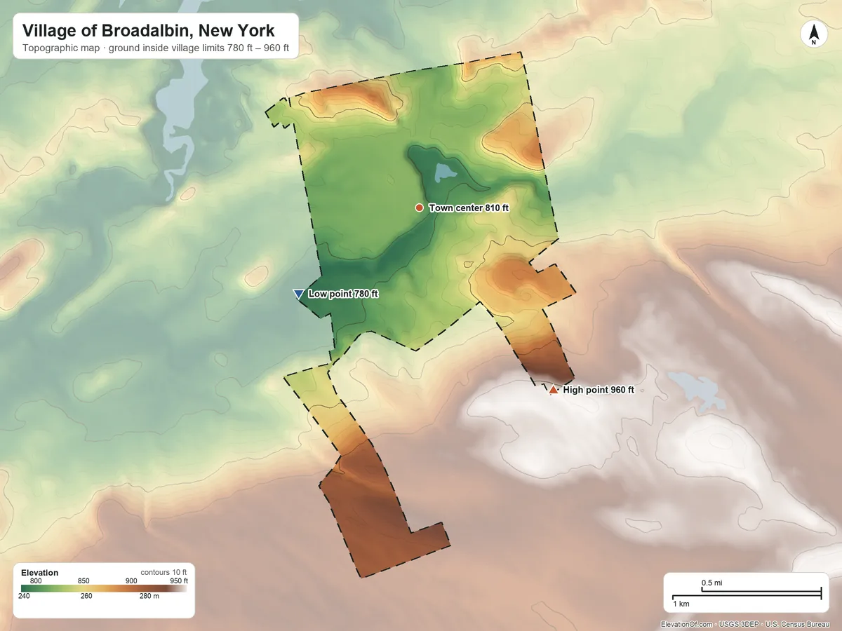 Topographic elevation map of Village of Broadalbin, New York, shaded from 780 ft on the southwest side to 960 ft on the southeast side