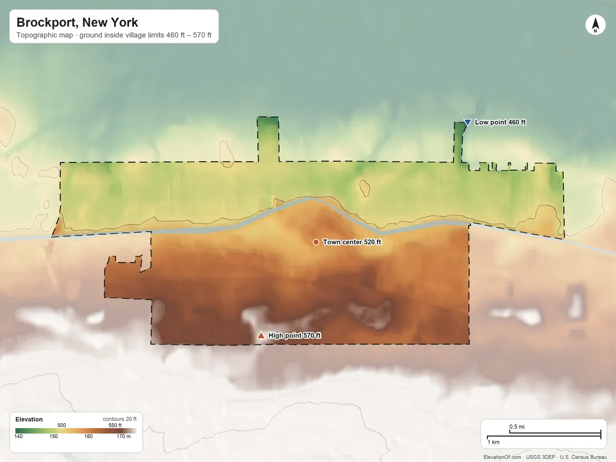 Topographic elevation map of Brockport, New York, shaded from 460 ft on the northeast side to 570 ft on the southwest side