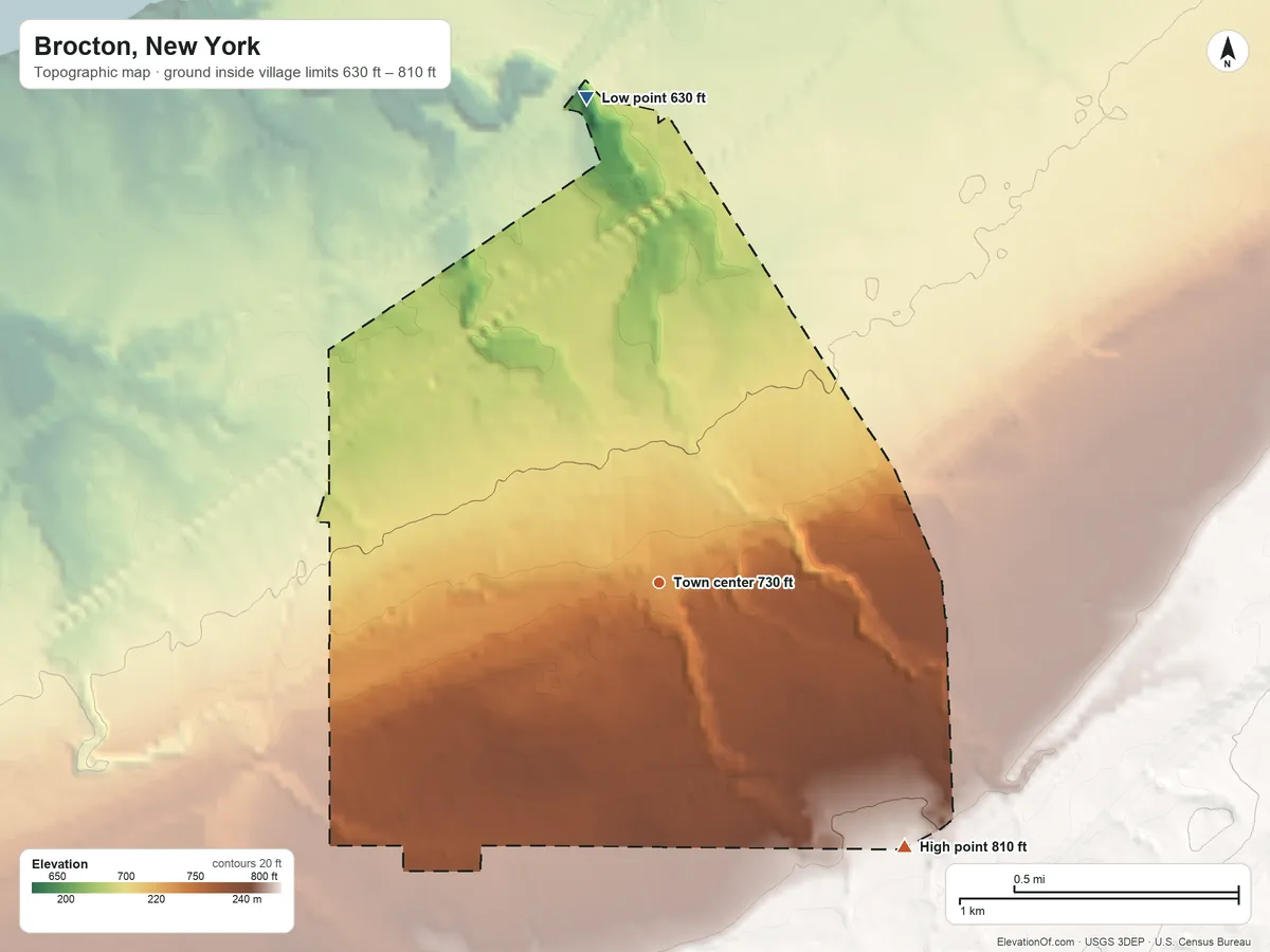 Topographic elevation map of Brocton, New York, shaded from 630 ft on the north side to 810 ft on the southeast edge, below higher ground just outside