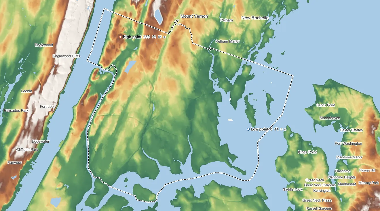 Topographic elevation map of Bronx County, New York, shaded from sea level on Long Island Sound to 280 ft on the northwest side