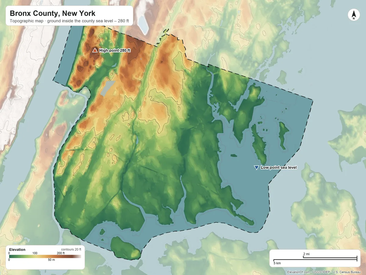 Topographic elevation map of Bronx County, New York, shaded from sea level on Long Island Sound to 280 ft on the northwest side