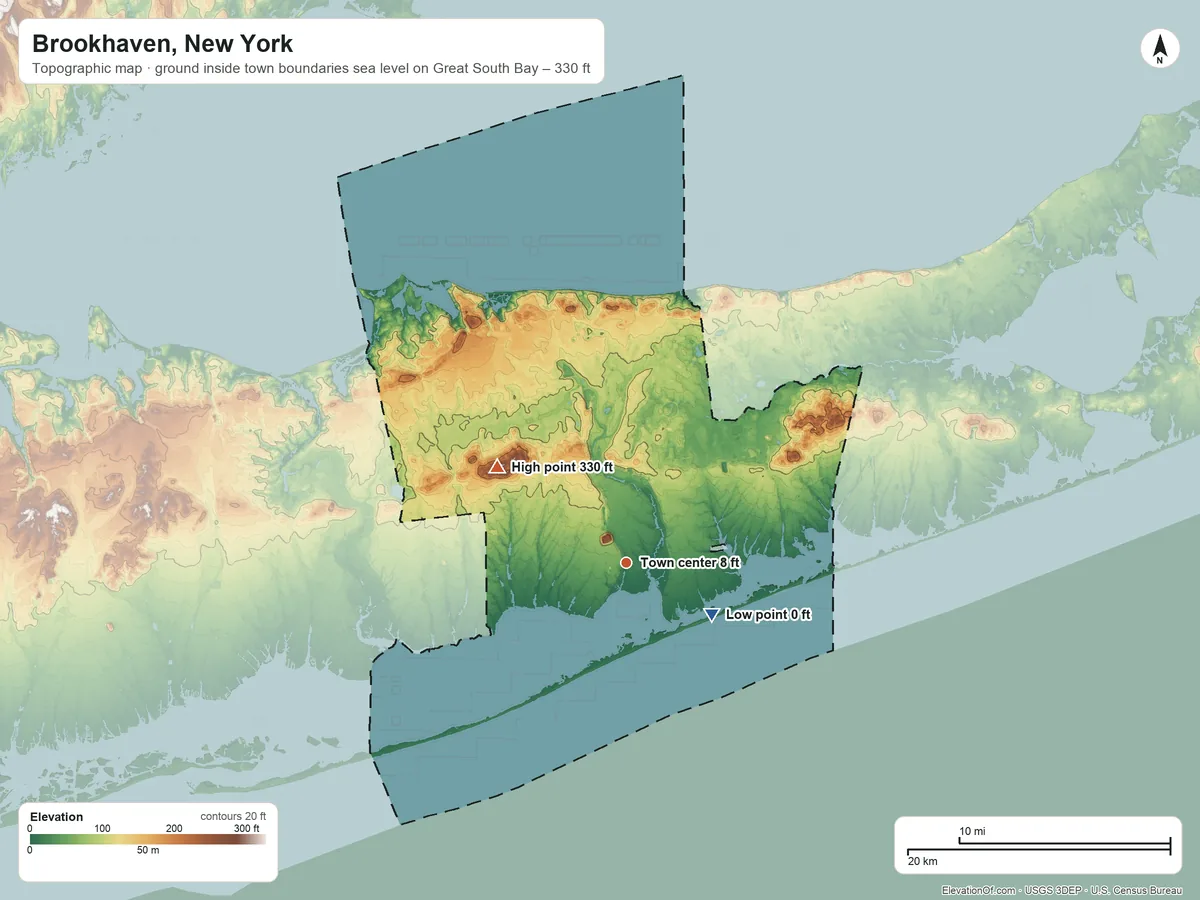 Topographic elevation map of Brookhaven, New York, shaded from sea level level on Great South Bay to 330 ft on the northwest side