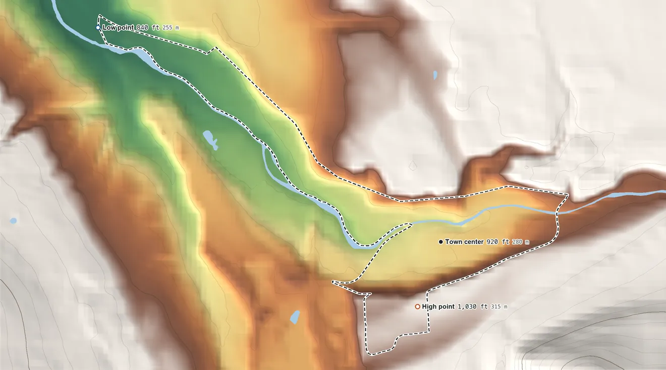 Topographic elevation map of Brooktondale, New York, shaded from 840 ft on the northwest side to 1,030 ft on the south edge, below higher ground just outside