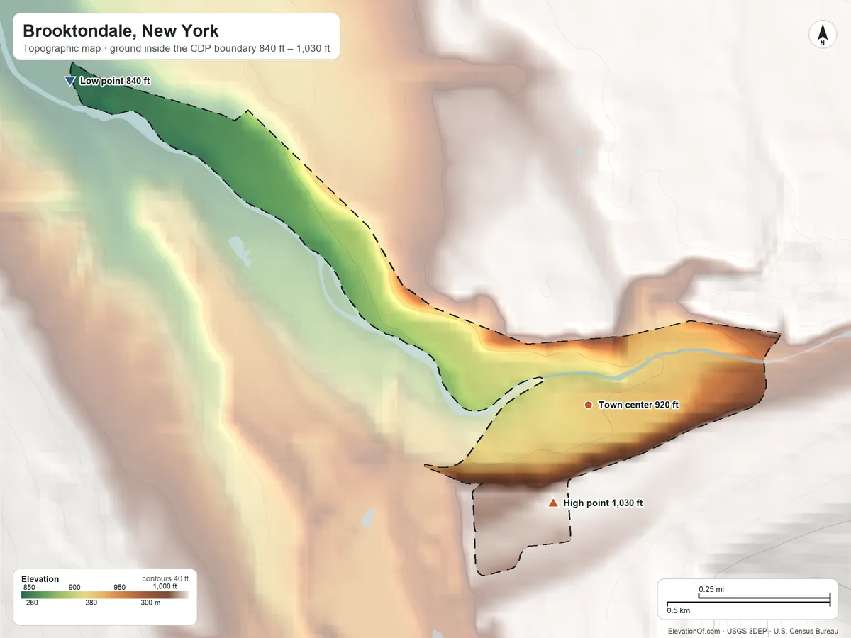 Topographic elevation map of Brooktondale, New York, shaded from 840 ft on the northwest side to 1,030 ft on the south edge, below higher ground just outside