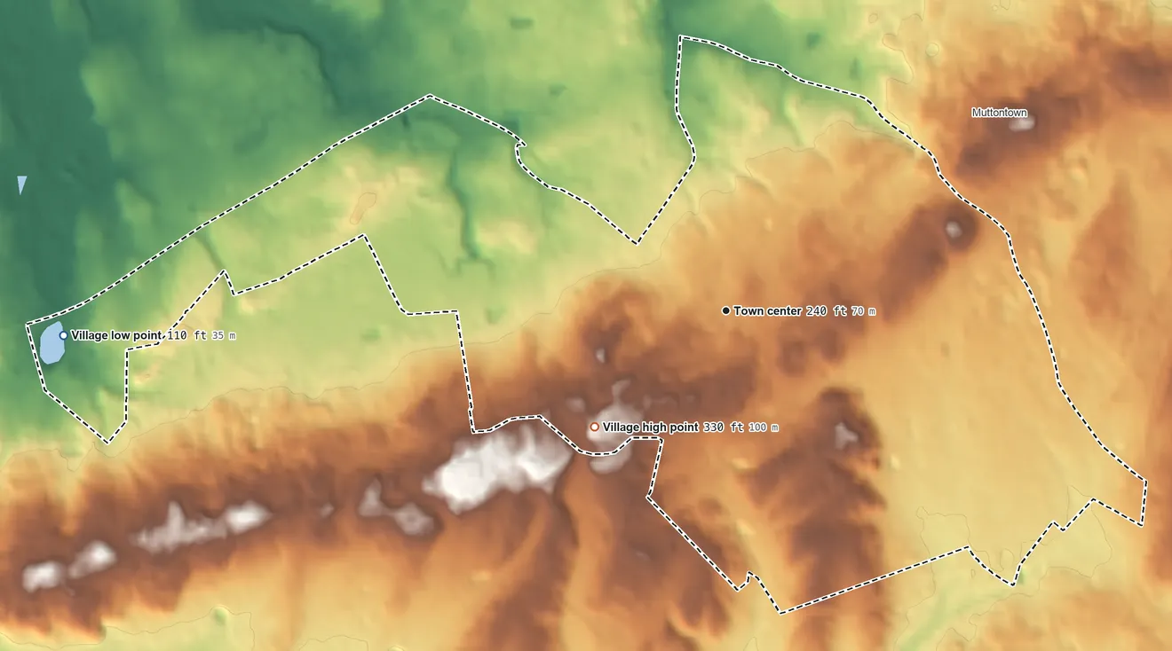Topographic elevation map of Brookville, New York, shaded from 110 ft on the west side to 330 ft on the southwest side