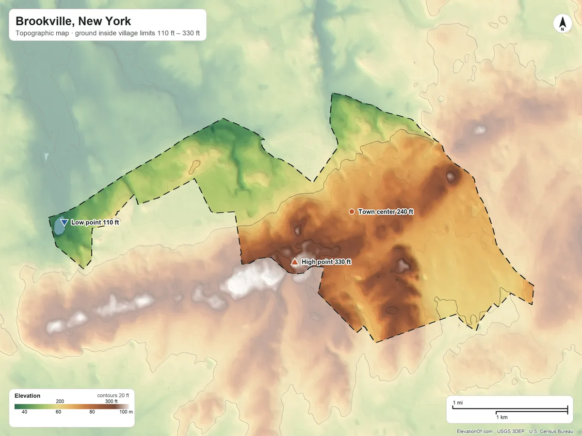 Topographic elevation map of Brookville, New York, shaded from 110 ft on the west side to 330 ft on the southwest side