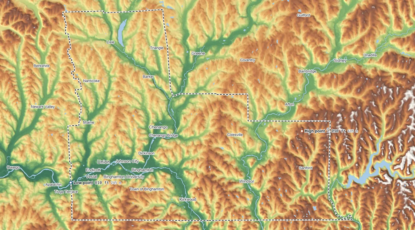 Topographic elevation map of Broome County, New York, shaded from 810 ft on the southwest side to 2,090 ft on the east side
