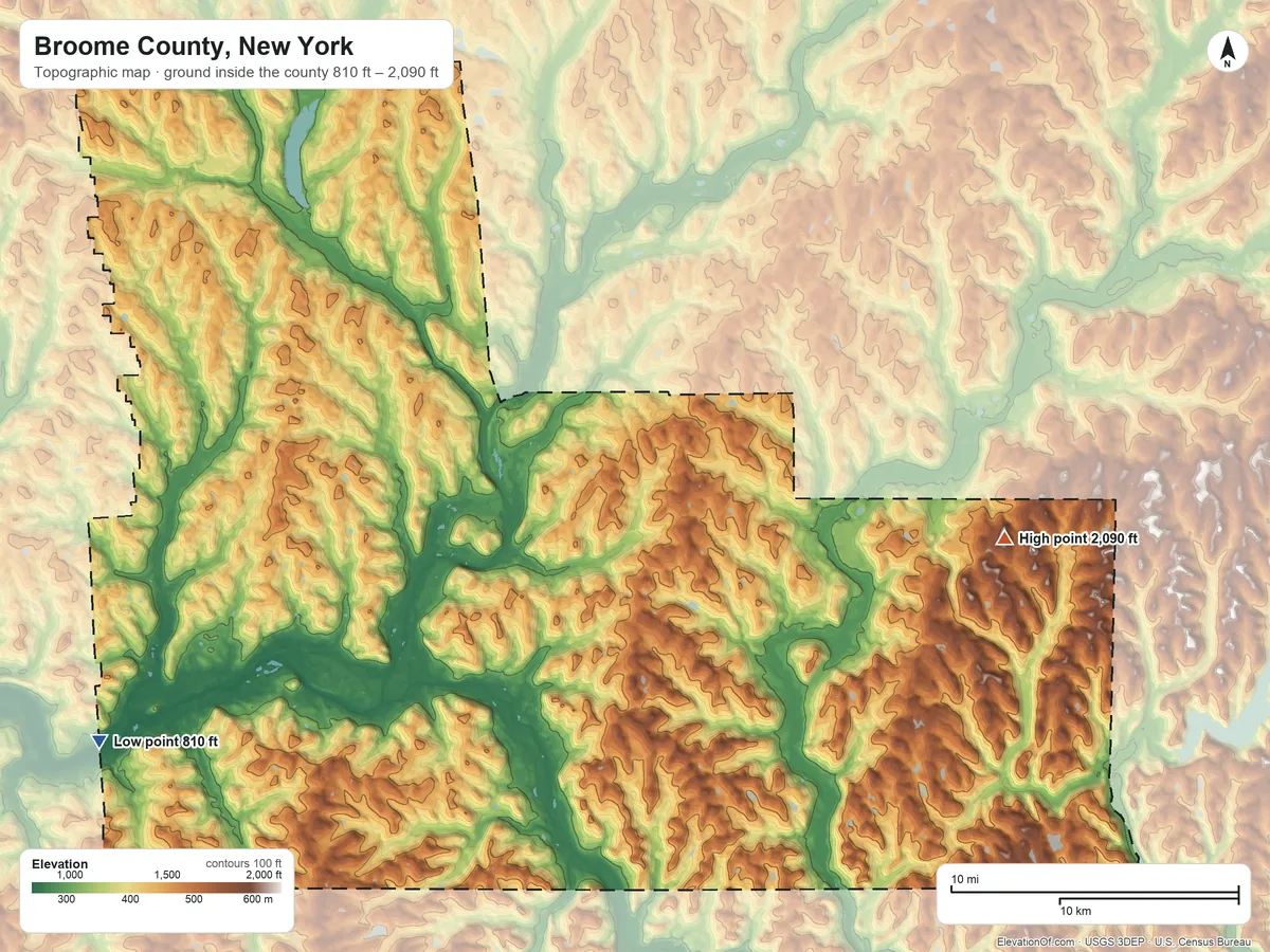 Topographic elevation map of Broome County, New York, shaded from 810 ft on the southwest side to 2,090 ft on the east side