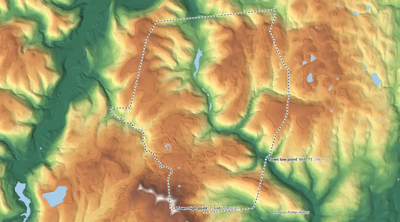 Topographic elevation map of Broome, New York, shaded from 960 ft on the southeast side to 2,640 ft on the south side