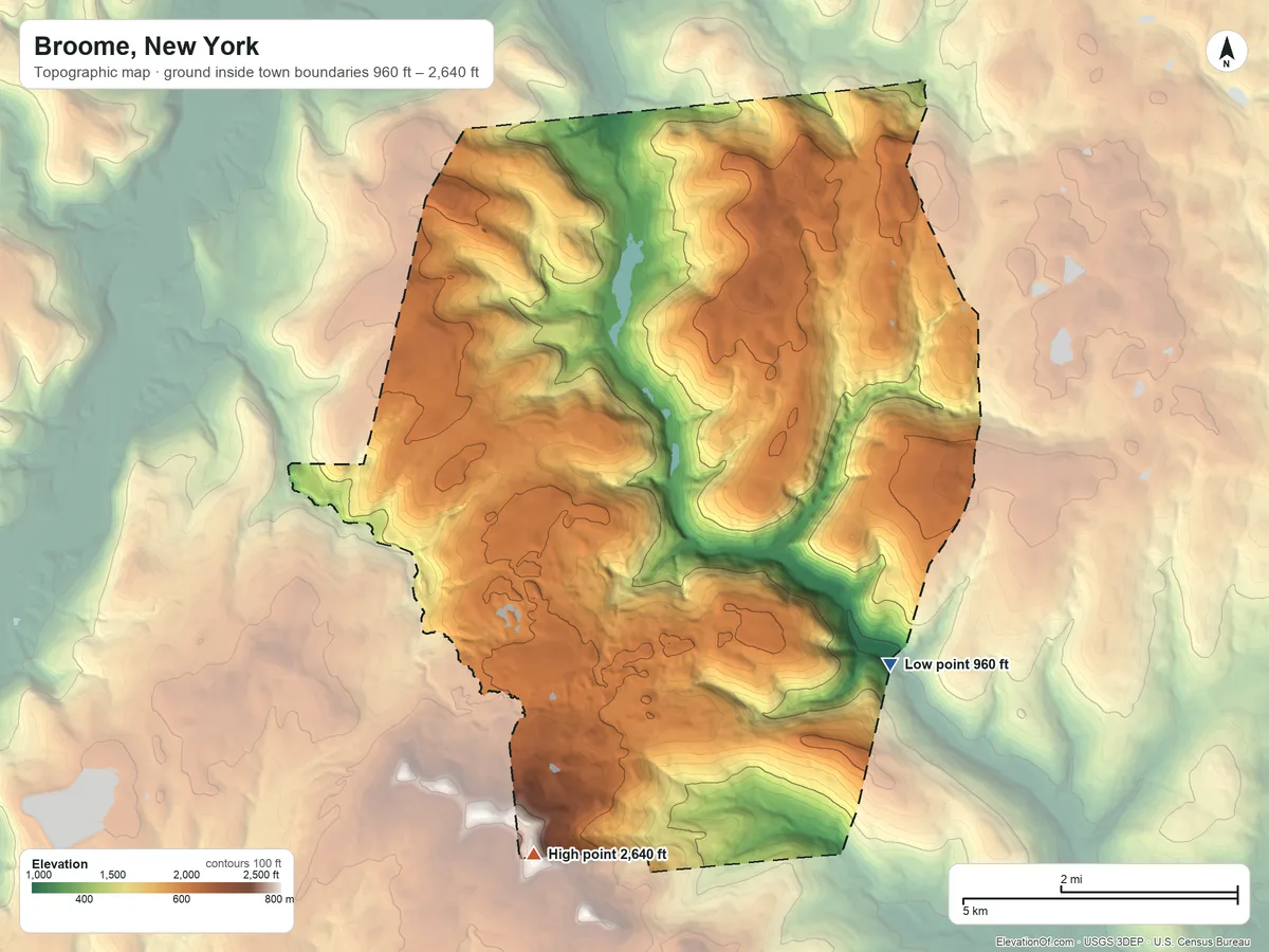 Topographic elevation map of Broome, New York, shaded from 960 ft on the southeast side to 2,640 ft on the south side