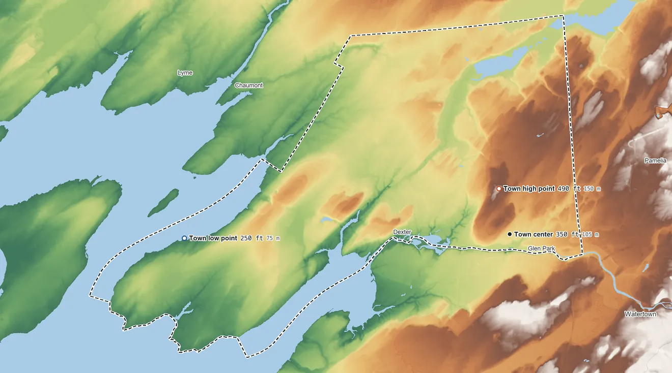 Topographic elevation map of Brownville, New York, shaded from 250 ft on the west side to 490 ft near the middle