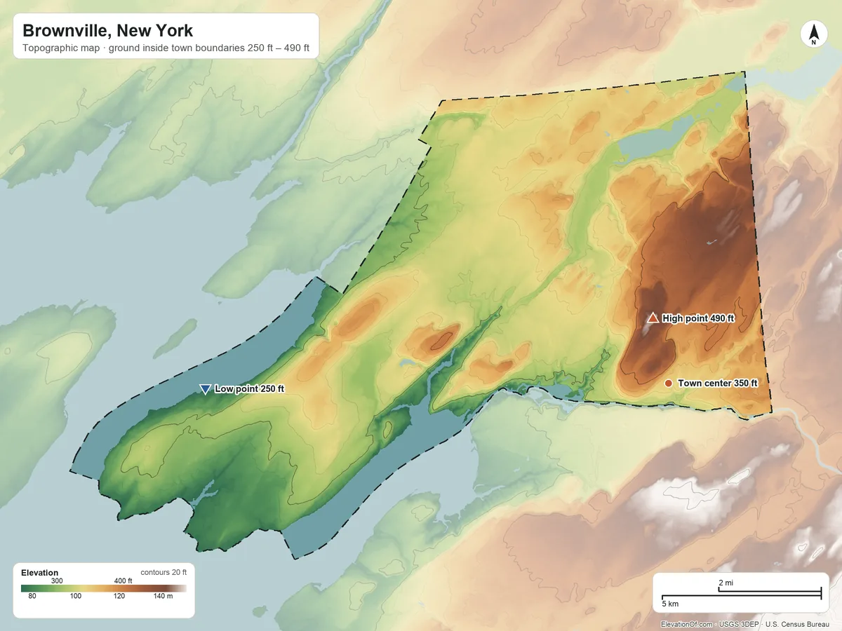 Topographic elevation map of Brownville, New York, shaded from 250 ft on the west side to 490 ft near the middle
