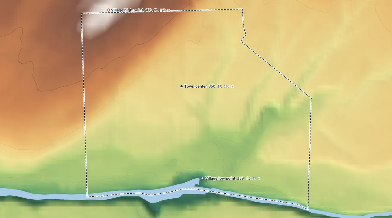 Topographic elevation map of Village of Brownville, New York, shaded from 280 ft on the south side to 460 ft on the northwest side