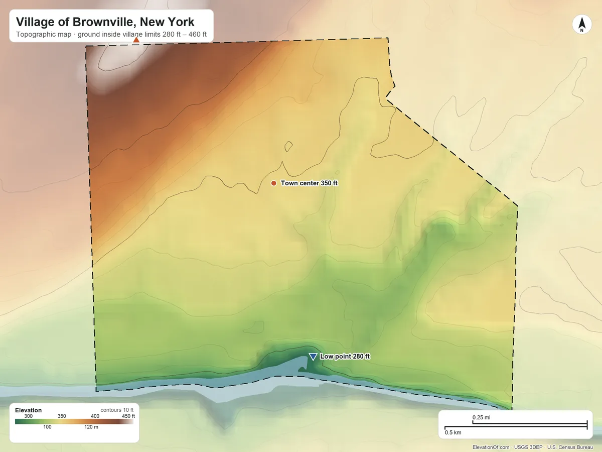Topographic elevation map of Village of Brownville, New York, shaded from 280 ft on the south side to 460 ft on the northwest side
