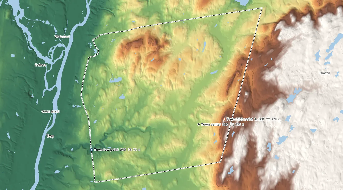 Topographic elevation map of Brunswick, New York, shaded from 240 ft on the west side to 1,380 ft on the east side