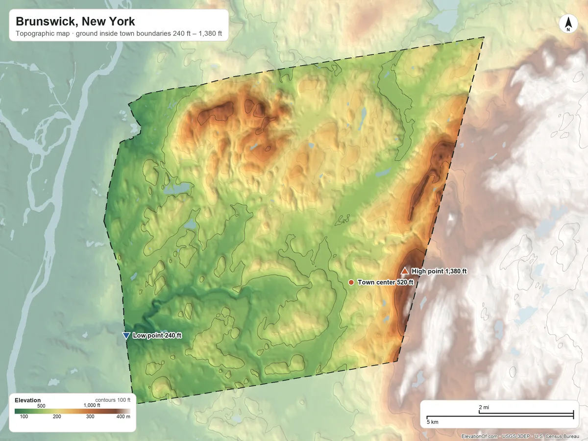 Topographic elevation map of Brunswick, New York, shaded from 240 ft on the west side to 1,380 ft on the east side