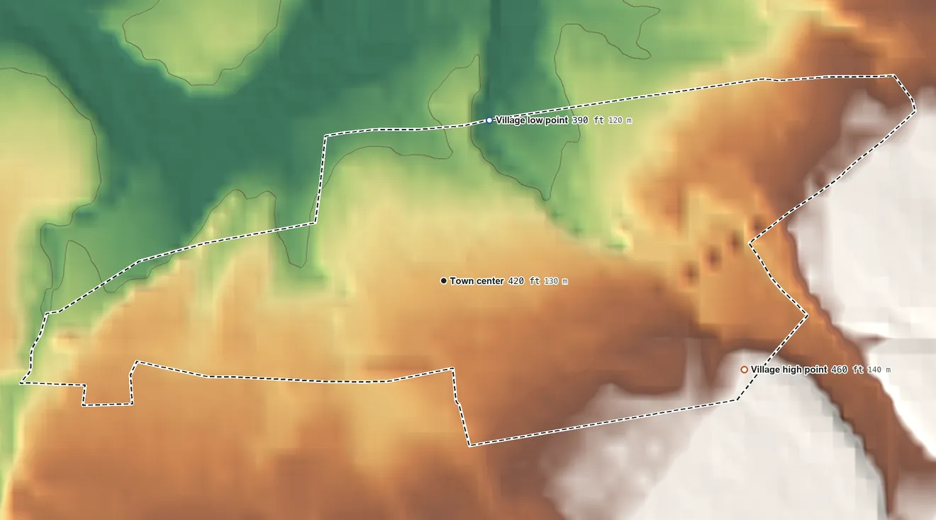 Topographic elevation map of Brushton, New York, shaded from 390 ft on the north side to 460 ft on the east side