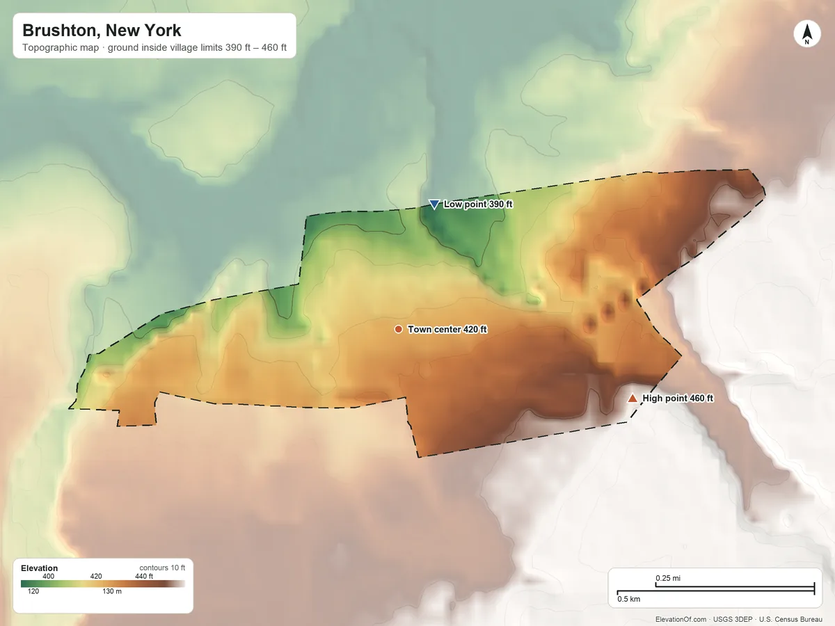 Topographic elevation map of Brushton, New York, shaded from 390 ft on the north side to 460 ft on the east side