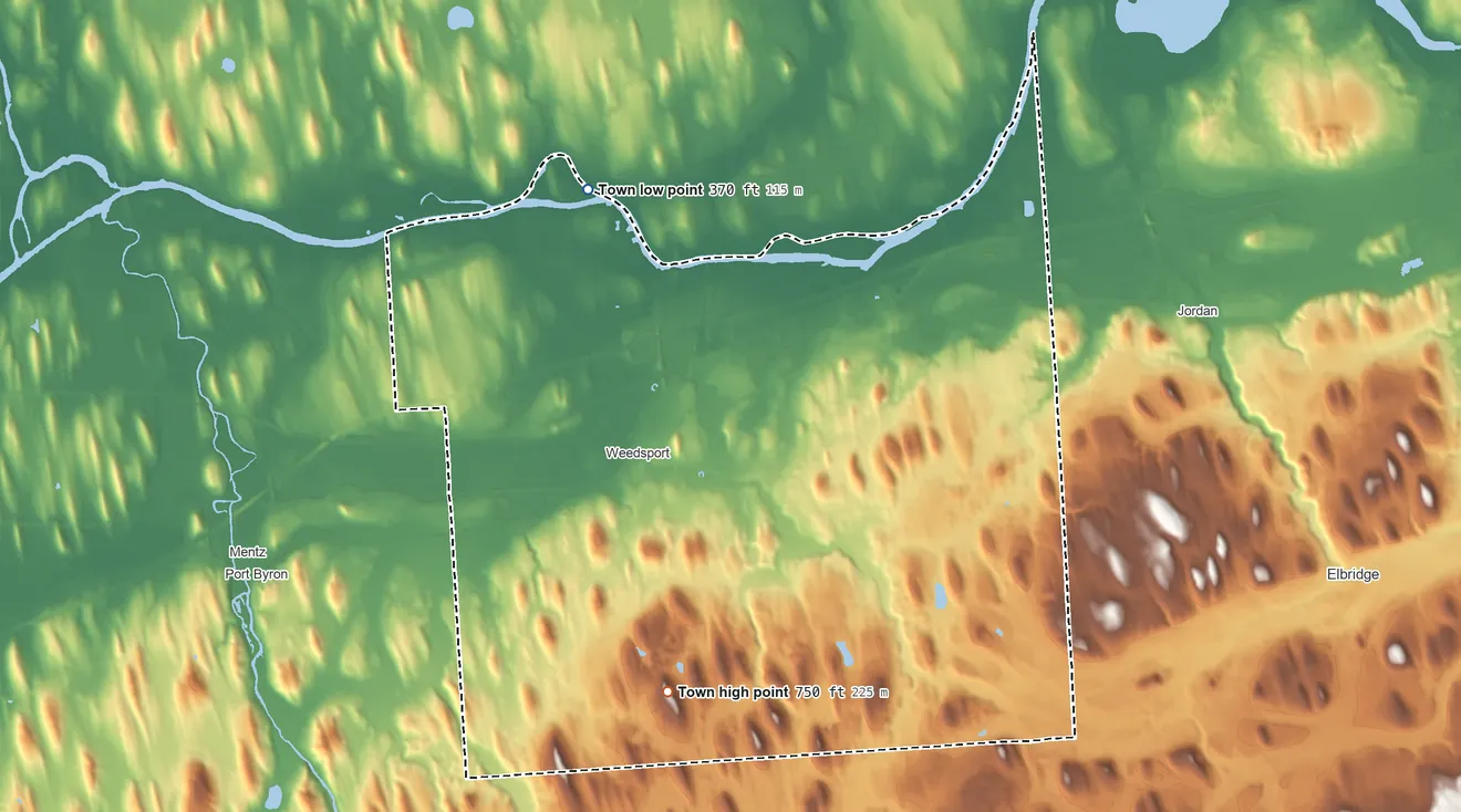 Topographic elevation map of Brutus, New York, shaded from 370 ft on the northwest side to 750 ft on the southwest side