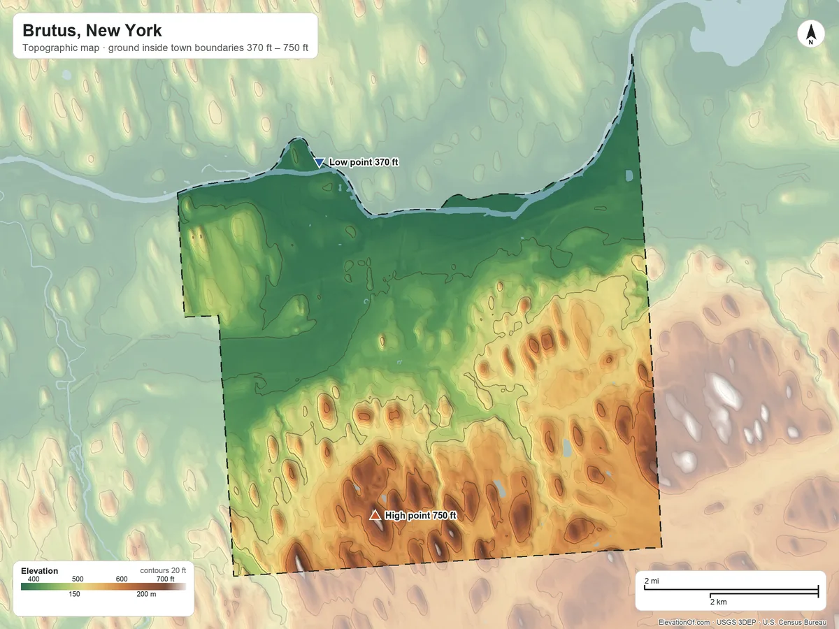 Topographic elevation map of Brutus, New York, shaded from 370 ft on the northwest side to 750 ft on the southwest side